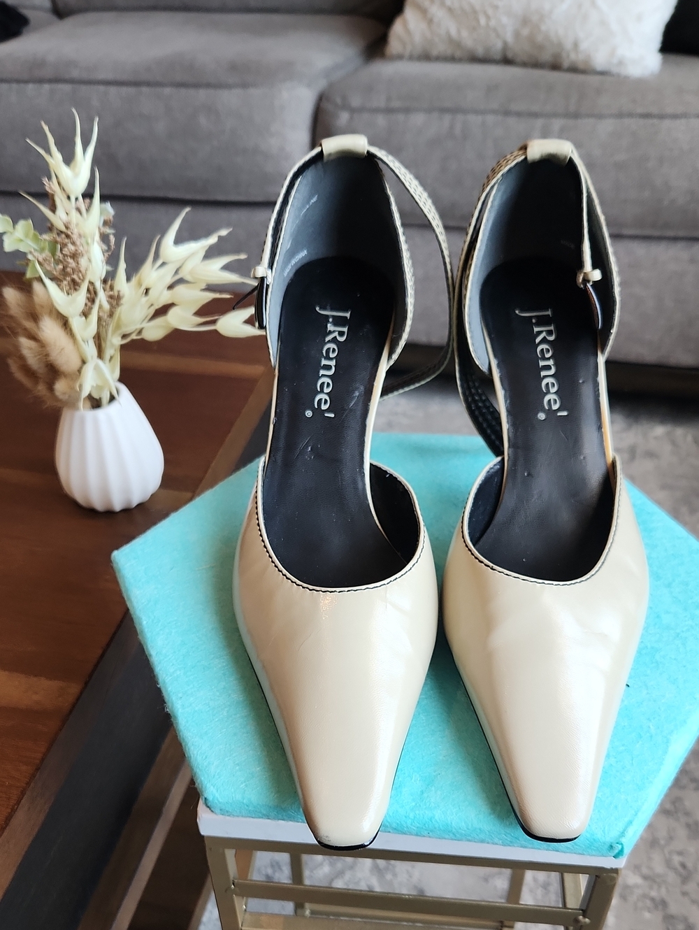 J.Renee Cream Patent Pointed-Toe Ankle-Strap Pumps
